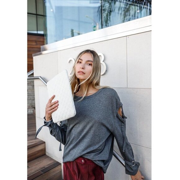 Women's Sweatshirt Long Cut-Out Sleeves Raw Trim Charcoal Casual Fit Sizes S M L - Picture 3 of 5